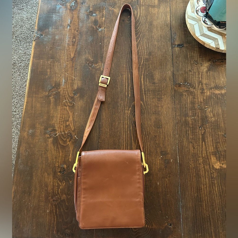 Perlina Chestnut Brown Leather Crossbody with Gold-Tone Hardware